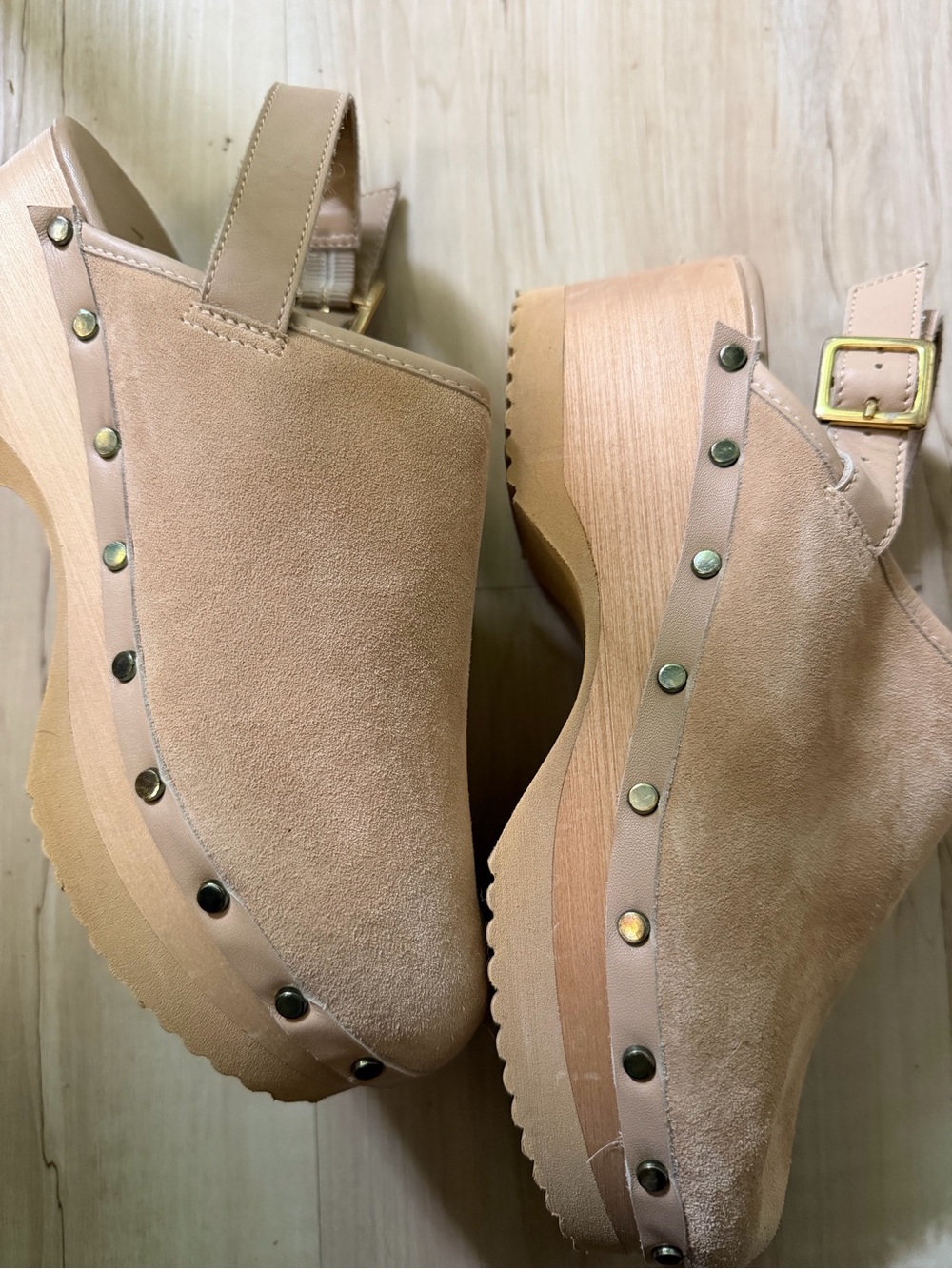Neutral Suede Slingback Clogs with Studded Wood Platform - Picture 5 of 6